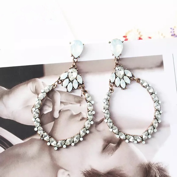 “Alana” light blue & clear glass crystal earrings / gold tone large elegant hoop - Picture 3 of 8